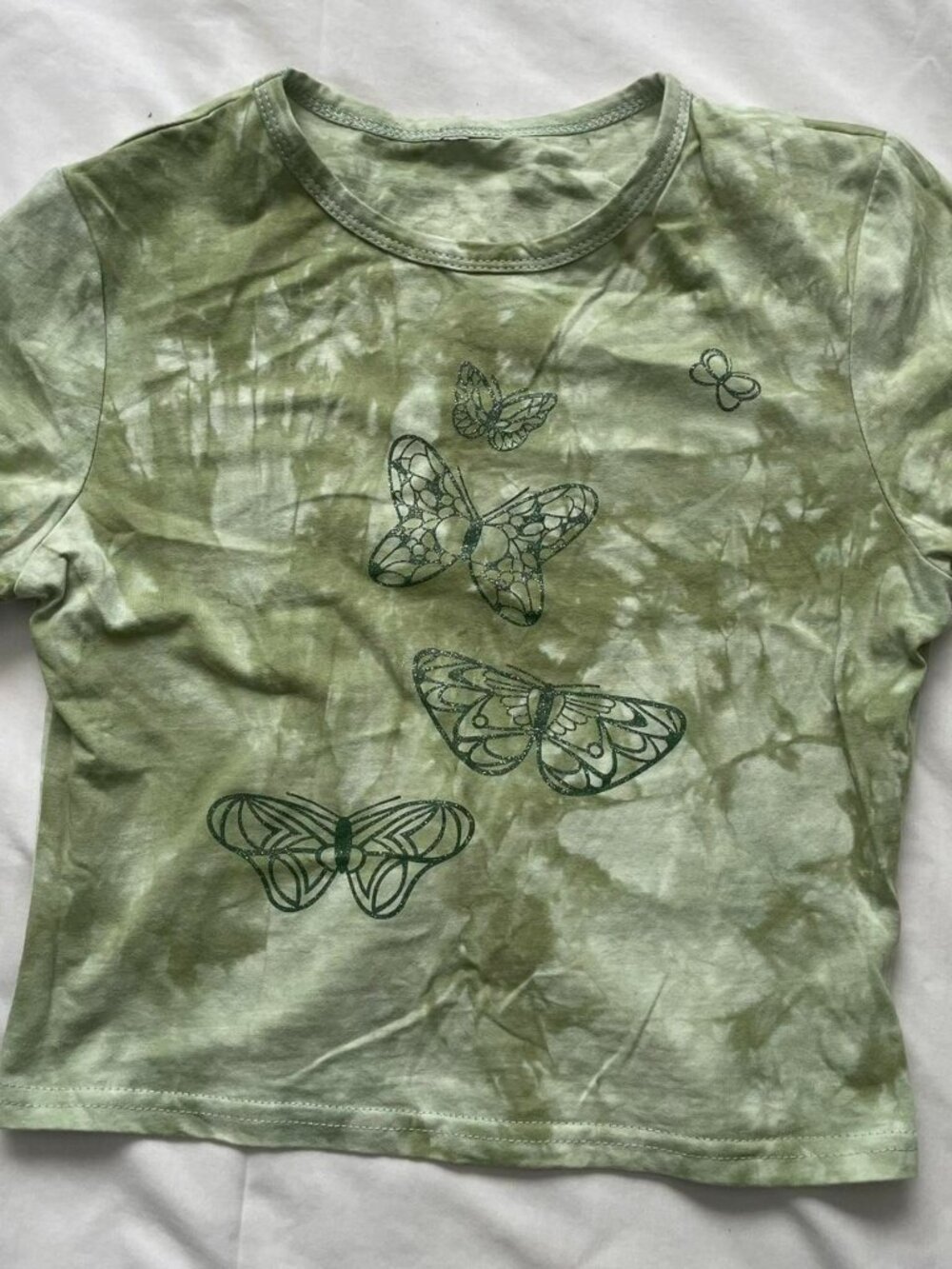 Tie Dyed Light Green Baby Crop Tee with Sparkly Butterflies